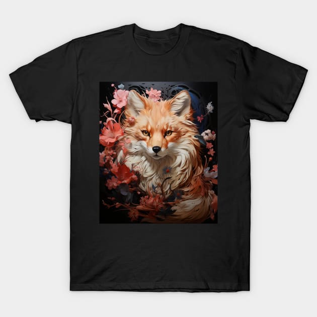 Kitsune Fox Japanese Nine Tailed Fox Cherry Blossom Flowers T-Shirt by Spit in my face PODCAST